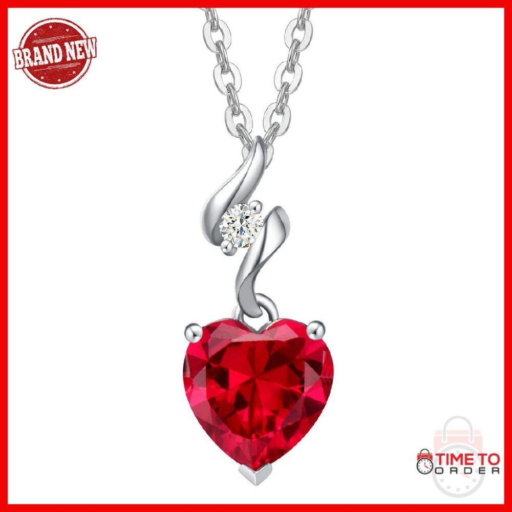 14K White Gold Diamond Gemstone Pendant Necklace 8mm Heart Fine Jewelry